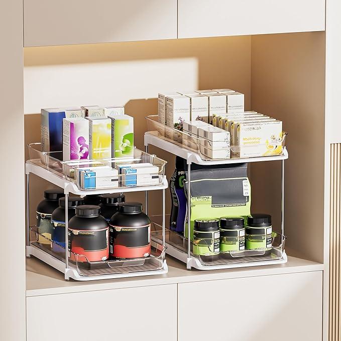 Delamu 2-Tier Multi-Purpose Bathroom Under Sink Organizers and Storage, Stackable Kitchen Pantry Organization, Pull Out Medicine Cabinet Organizer with Movable Dividers, White, 2 Pack - NeatNest