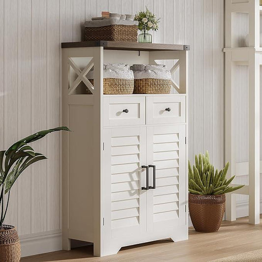 ChooChoo Farmhouse Storage Cabinet, Bathroom Floor Cabinet with Doors and Drawers, Kitchen Pantry Cabinet for Living Room, Laundry, White - NeatNest