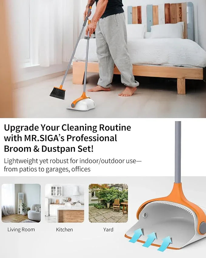 MR.SIGA Broom and Dustpan Set with Long Handle, Stand Upright Broom with Dustpan Combo for Cleaning Office, Garage, Lobby, Lightweight Sweeping Set, 51.7"(131 cm) Long Handle, White & Orange - NeatNest