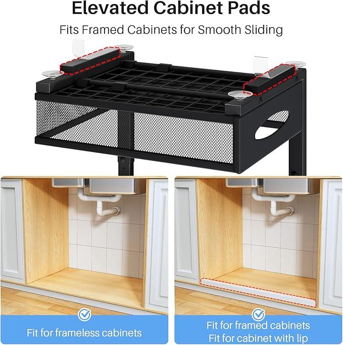 Under Sink Organizer, 2 Tier Pull Out Under Cabinet Organizer Shelf with Pad for Framed Cabinets, Metal Slide Out Under Sink Storage, Mesh Sliding Drawers for Kitchen Bathroom Laundry(Black, 1 Pack) - NeatNest