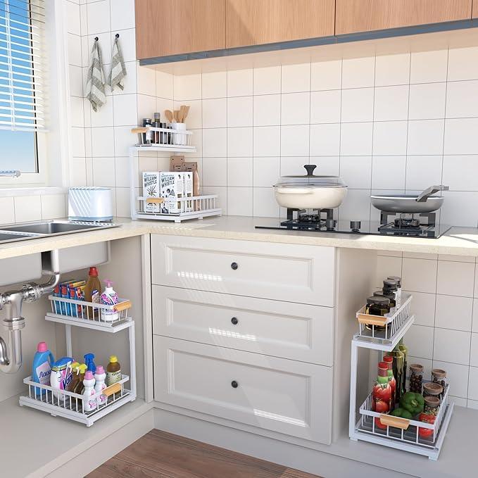 Under Sink Organizer, Pull Out Cabinet Organizer 2 Tier Slide Out Sink Shelf Cabinet Storage Shelves,Kitchen & Bathroom Organizers,Metal (White, 1 Pack-14.6 * 10.6 * 16.5in) - NeatNest