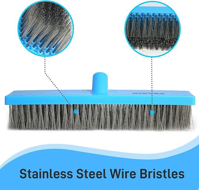 FRAXIR Stainless Steel Wire Broom Deck Scrubber Brush with 55” Adjustable Length Sturdy Long Handle, Stainless Steel Outdoor Broom for Cleaning Moss Concrete Floors Grout Gardens Patios - NeatNest