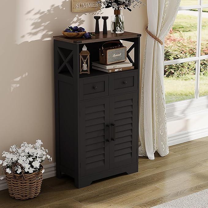 ChooChoo Farmhouse Storage Cabinet, Bathroom Floor Cabinet with Doors and Drawers, Kitchen Pantry Cabinet for Living Room, Laundry, Black - NeatNest