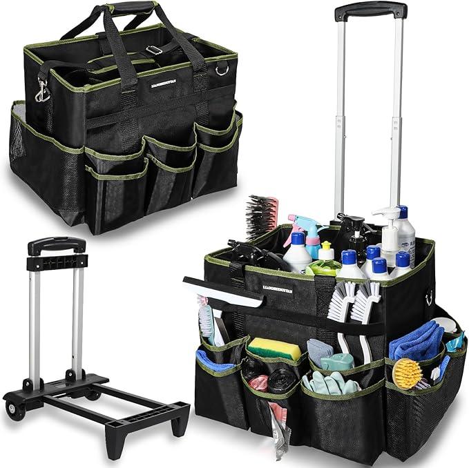 Large Rolling Cleaning Caddy Bag, Cleaning Caddy with Wheels with Detachable Trolley for Housekeepers, Water Resistant Cleaner Supplies Organizer with Wheels for Kitchen, Car, Picnic(Black-Green) - NeatNest
