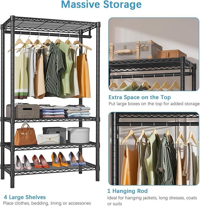VIPEK V1 Wire Garment Rack 4 Tiers Heavy Duty Clothes Racks for Hanging Clothes Large Clothing Rack Freestanding Closet with Hanging Rod, 35.4'' L X 15.7'' W X 70.9'' H, Max Load 500LBS, Black - NeatNest