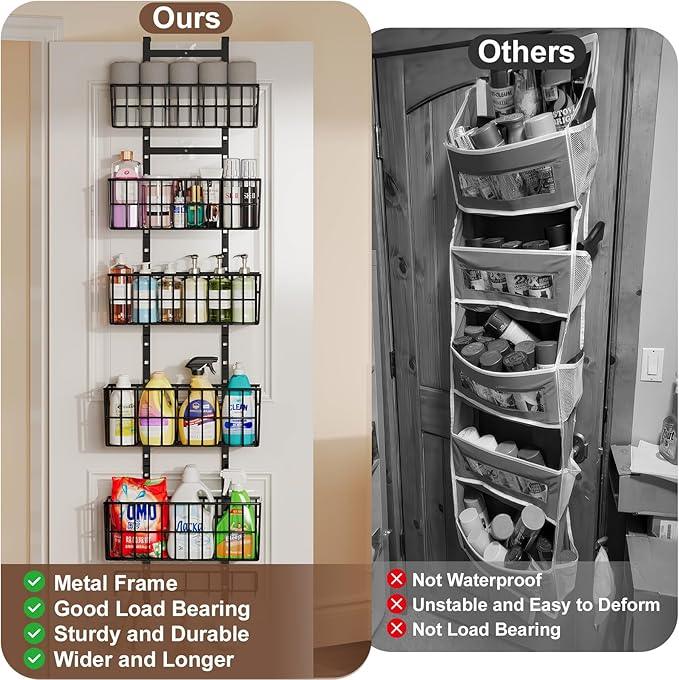 Adjustable Over The Door Organizer, Metal Hanging Door Organizer with 5 Wire Basket 7 Hooks, Wall Mounted Shelf for Pantry Laundry Organization and Storage, Black - NeatNest