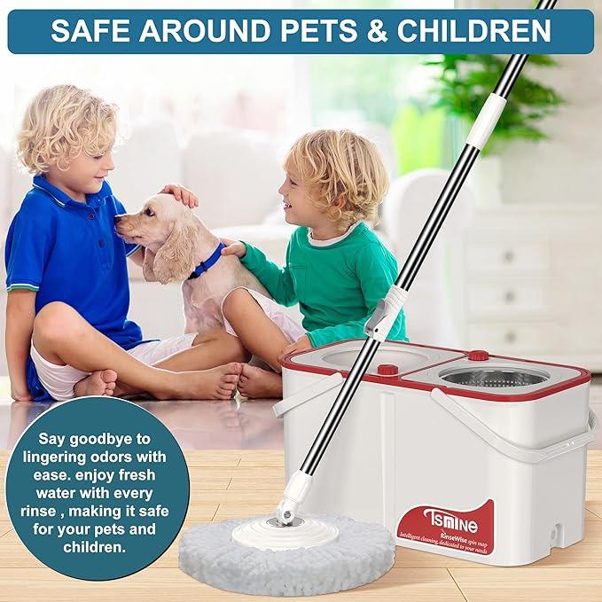 Gen 1 Large-Capacity Spin Mop and Bucket – for Big Homes & Deep Cleaning Days,4-Chamber System Separates Dirty & Clean Water, 2-GAL Heavy-Duty Design with Wheels & 6 Refill Mop Heads - White/Red - NeatNest