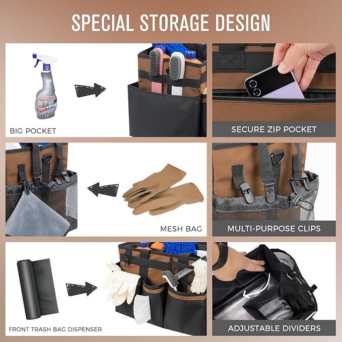Wearable Cleaning Caddy, Cleaning Caddy Supplies Organizer with Handle & Shoulder Straps for Housekeepers, Under Sink & Car Cleaning Tool Organizers Bag with 4 Foldable Divider (Brown) - NeatNest