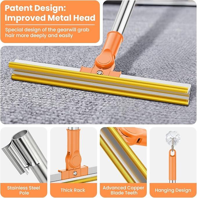 3 in 1 Carpet Rake for Pet Hair Removal, Tool Set of 3, 55” Long Handle Carpet Pet Hair Removal Carpet Scraper Dog Cat Hair Remover for Sofa, Couch, Car, Rug (Orange) - NeatNest