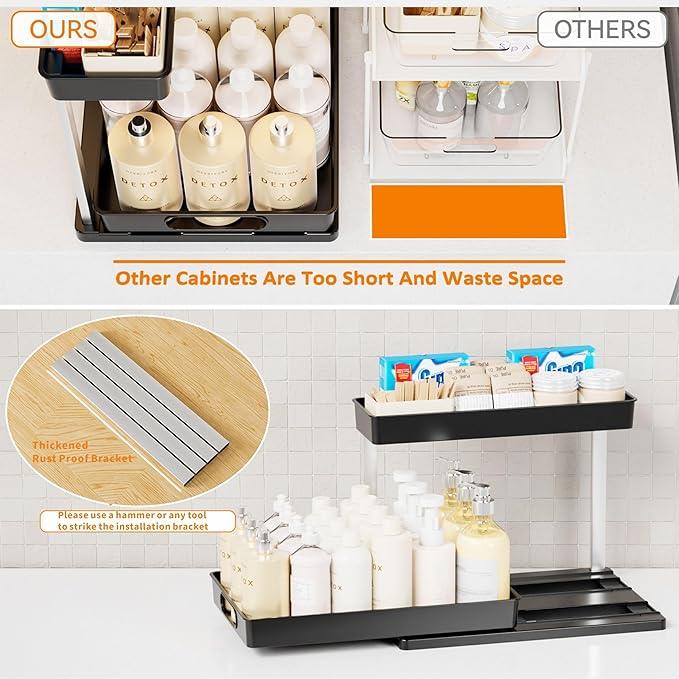 Yieach 2 Pack 10.8″ High Pull Out Under Sink Organizer,14.5″ Deep 2 Tier Slide Out Cabinet Organizer for Kitchen Cabinet,Undersink Organizers,Under Sink Shelves,Bathroom Organizers and Storage,Black - NeatNest