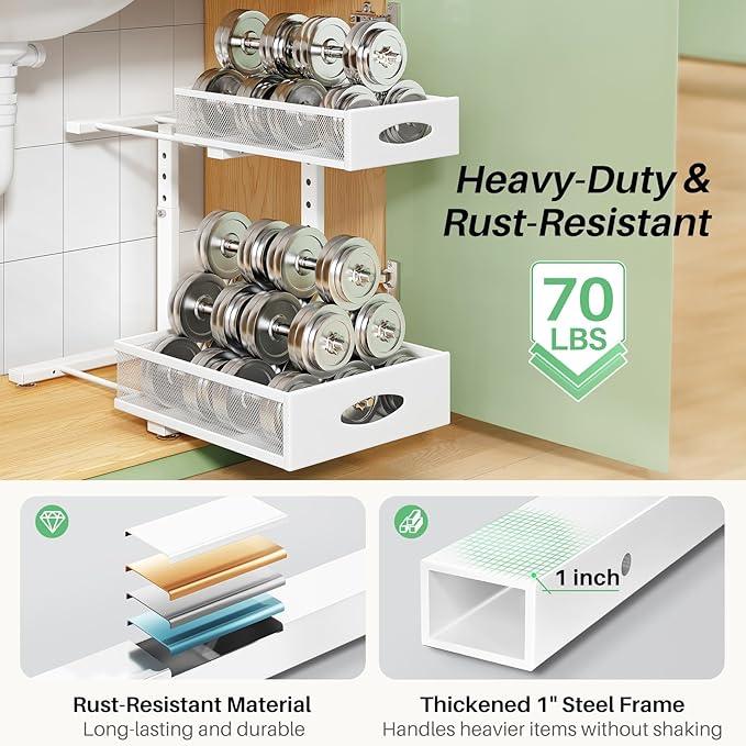 Under Sink Organizer, 1-Pack Pull Out Cabinet Organizer 2 Tier Metal Slide Out Storage Shelf Rack, L-Shaped Adjustable Height,Mesh Sliding Drawer for Kitchen, Bathroom, Laundry, Pantry, White, XL - NeatNest