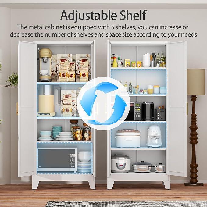 White Metal Storage Cabinet,75" Steel Cabinets for Home Office, Kitchen Pantry Storage Cabinet with Doors and 5 Adjustable Shelves, Tool Cabinets, for Office, Home, Garage, School - NeatNest