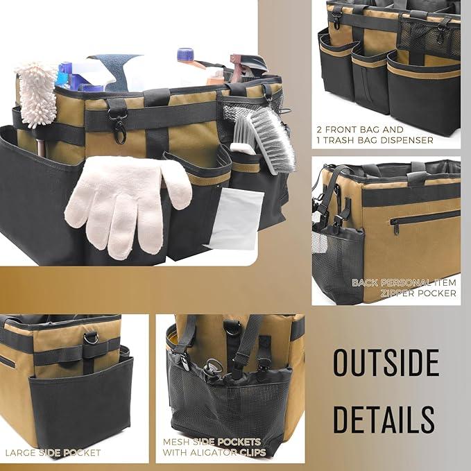 Wearable Cleaning Caddy Organizer with Handle & Shoulder Straps for Housekeepers, Under Sink & Car Cleaning Tool Organizer Bag with 4 Foldable Dividers (Tan) - NeatNest