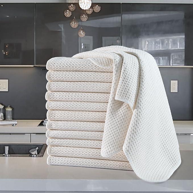 POLYTE Premium Microfiber Kitchen Dish Hand Towel Waffle Weave 12 Pack (16x28 in, Off White) - NeatNest
