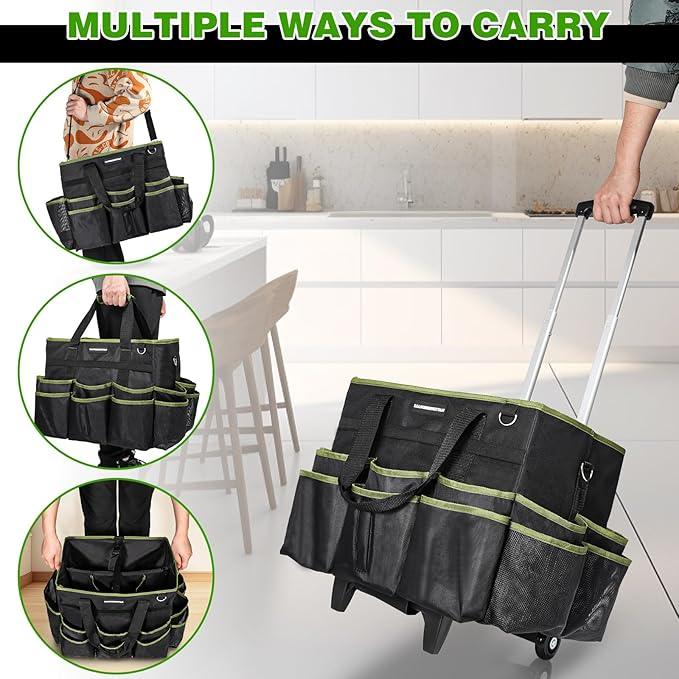 Large Rolling Cleaning Caddy Bag, Cleaning Caddy with Wheels with Detachable Trolley for Housekeepers, Water Resistant Cleaner Supplies Organizer with Wheels for Kitchen, Car, Picnic(Black-Green) - NeatNest