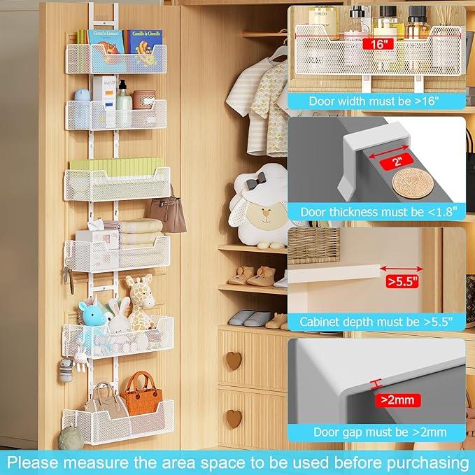 Over The Door Organizer, Metal Hanging Door Organizer with 6 Adjustable Baskets and 5 Hooks, Behind The Door Storage for Closet Pantry Cabinet Kitchen Bathroom Bedroom, White - NeatNest