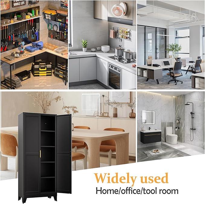 Black Pantry Storage Cabinet,71" Kitchen Pantry with Doors and 4 Adjustable Shelves, Metal Storage Cabinet, for Office, Home, Garage, School - NeatNest