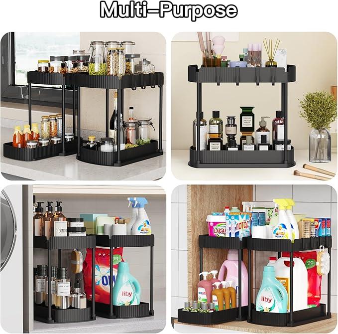 Multi-Purpose Pull-Out Storage Organizers, Under Sink/Cabinet Organizers and Storage for Bathroom & Kitchen, Black, 12.8 Inches, 2 Packs - NeatNest
