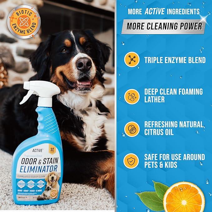 Pet Odor and Stain Eliminator - 32 oz ACTIVE Enzyme Cleaner for Dog & Cat Urine, Stain Remover Spray for Carpet, Upholstery, Hardwood, Spot Cleaning, Deodorizer for Dogs Cats Pets - Natural Citrus Oil - NeatNest