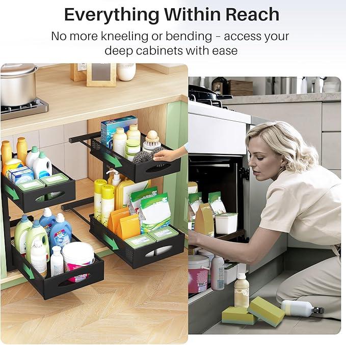 Under Sink Organizer, 2 Tier Pull out Cabinet Organizer Baskets with Mesh Sliding Drawers, Slide out Storage Shelf for Home, Kitchen, Bathroom, Pantry, Office Cabinet, Countertop(1 Pack) - NeatNest