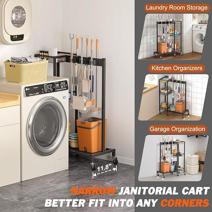 Broom Holder with Cleaning Supplies Organizer, Broom Closet Storage Cabinet with Cleaning Caddy, Cleaning Cart with Mop Hanger Gripper Rack Hooks,Janitorial Cart,Utility Carts Household Essentials - NeatNest
