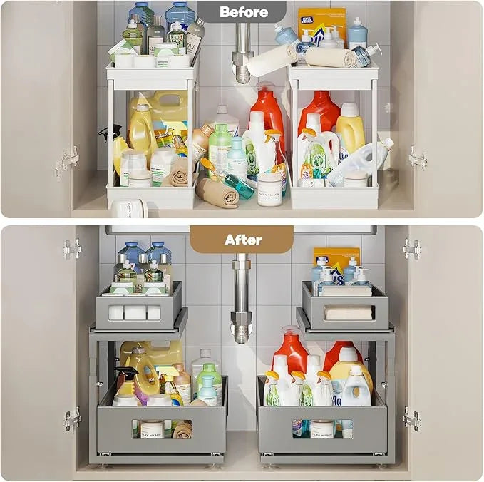 2 Pack 15.74IN-Depth Under Sink Organizer With Next-Gen Ball-Bearing Slides,2-Tier Pull Out Cabinet Storage,Height Adjustable Drawer Shelf for Bathroom,Kitchen,Laundry,Cabinet,Pantry-Gun Gray - NeatNest