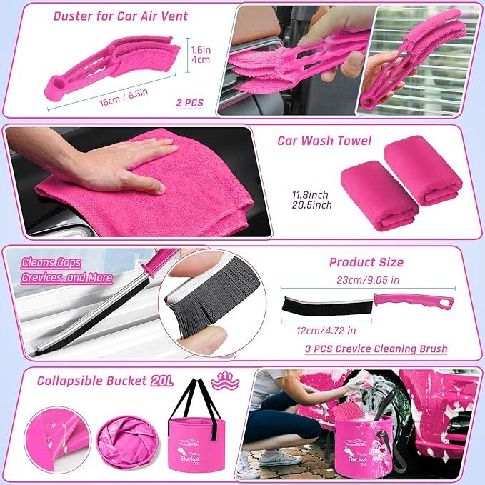 47PCS Car Detailing Kit Interior Cleaner, Car Cleaning Supplies with High Power Car Vacuum Cleaner,Auto Detailing Kit,Car Wash Kit with Bucket Detailing Brush Set,Pink Car Accessories for Women - NeatNest