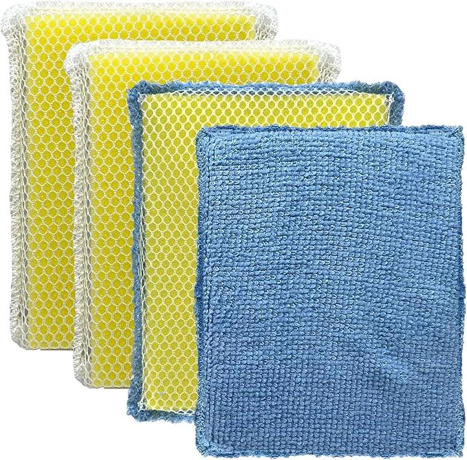 LOLA Microfiber & Nylon Net Sponges, 4 Pack, 2 Dual Sided Non Scratch Sponge Pads & 2 w/Microfiber Cloth One Side and Nylon Net Other Side - NeatNest