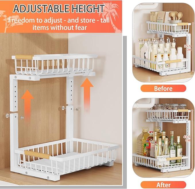 2 Pack 2 Tiers Pull Out Under Sink Organizers, Metal Kitchen Storage Shelf, Pull Out Under Sink Storage Rack, Multi-purpose Under Sink Shelf Organizer for Under Sink Cabinet Bathroom Kitchen (White) - NeatNest