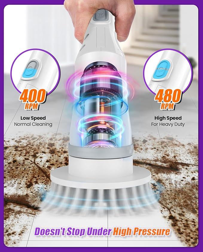NBONEBS Electric Spin Scrubber, Cordless Shower Scrubber Rotary Floor Brushes & Pad Drivers with 6 Brush Heads - 2H Dual Speed, IPX7 Waterproof Extension Handle for Bathroom Tile Car Cleaning - NeatNest
