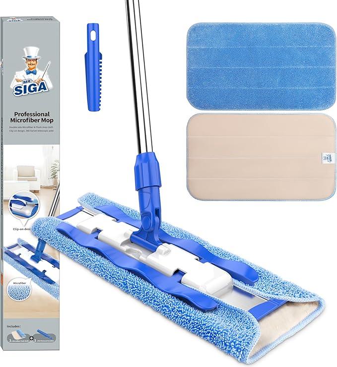 MR.SIGA Professional Microfiber Mop for Hardwood, Laminate, Tile Floor Cleaning, Stainless Steel Telescopic Handle - 3 Reusable Flat Mop Refills and 1 Dirt Removal Scrubber Included - NeatNest