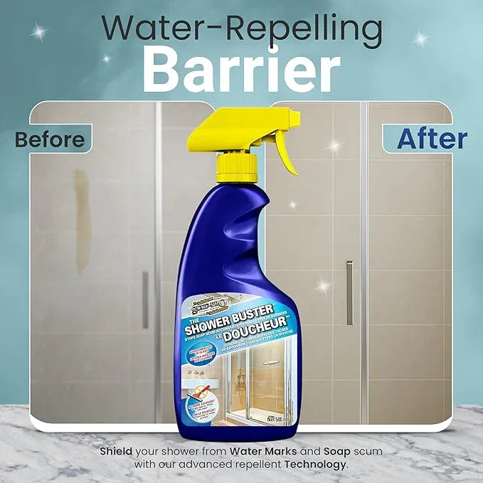 Shower Glass Door Cleaner – Shower Buster Spray for Soap Scum & Hard Water Stains – No Scrub Bathroom Cleaner for Glass, Tile, Chrome, Ceramic, RV and Septic Safe (500ml / 16.9oz) - NeatNest