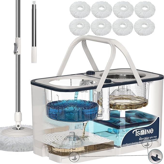 Gen 1 Large-Capacity Spin Mop and Bucket – for Big Homes & Deep Cleaning Days,4-Chamber System Separates Dirty & Clean Water, 2-GAL Heavy-Duty Design with Wheels & 8 Refill Mop Heads - White/Blue - NeatNest