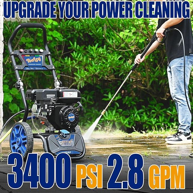 TOOLCY 3400 PSI & 2.8 GPM Gas Powered Pressure Washer with Onboard Soap Tank, Power Washer for Cleaning Cars Homes Patios Fences Driveways, Spray Gun, 5 Nozzles - NeatNest