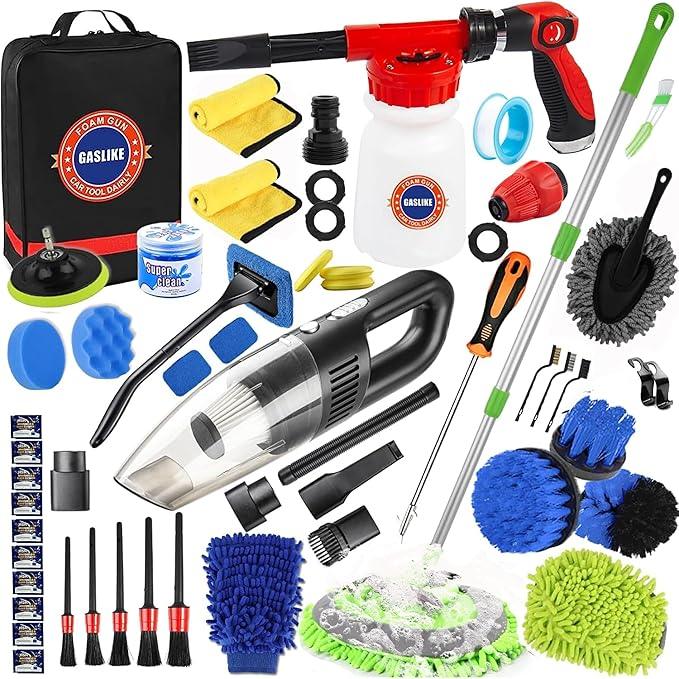 GASLIKE 63PCS Car Wash Cleaning Kit,Car Wash Brush with Long Handle,Car Detailing Kit with Foam Gun,Car Cleaning Supplies,Handheld Vacuum, Car Detailing Kit (63PCS) - NeatNest