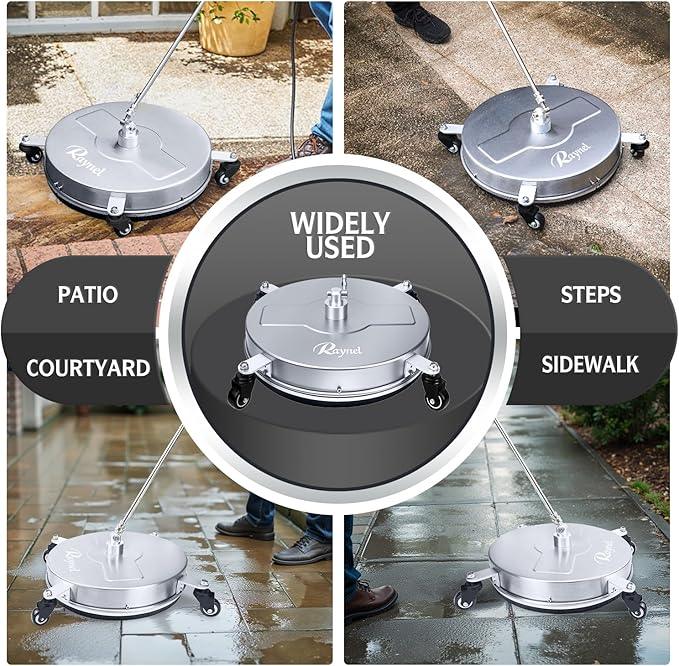 RAYNEL 18'' Pressure Washer Surface Cleaner with 4 Wheels, Stainless Steel Housing, 1/4" Quick Plug, 2 Extended Wands, 2 Replacement Nozzles and 5 Spray Nozzles - NeatNest