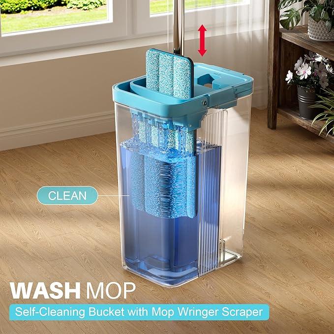 JOYMOOP Mop and Bucket Set with Wringer, Mops for Floor Cleaning, Wall Mop Cleaner with Long Handle, with 4 Reusable Microfiber Mop Pads - Grey+Cyan Blue - NeatNest