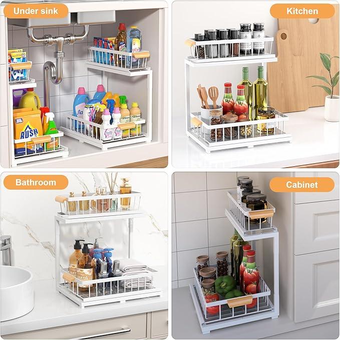 Under Sink Organizer, Pull Out Cabinet Organizer 2 Tier Slide Out Sink Shelf Cabinet Storage Shelves,Kitchen & Bathroom Organizers,Metal (White, 1 Pack-14.6 * 10.6 * 16.5in) - NeatNest