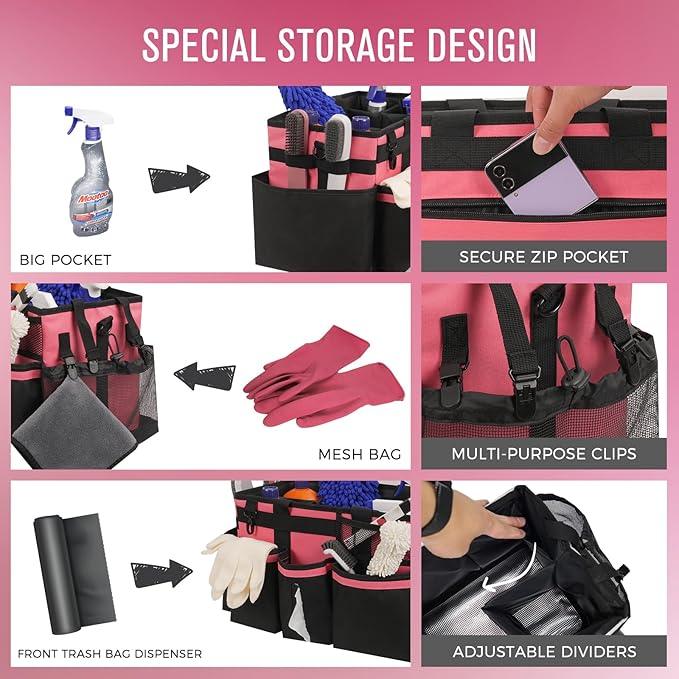 Wearable Cleaning Caddy, Cleaning Caddy Supplies Organizer with Handle & Shoulder Straps for Housekeepers, Under Sink & Car Cleaning Tool Organizers Bag with 4 Foldable Divider (OleanderRed) - NeatNest