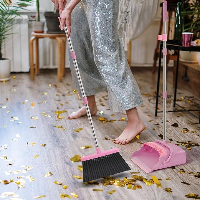 kelamayi Broom and Dustpan Set for Home, Office, Indoor&Outdoor Sweeping, Stand Up Broom and Dustpan (Pink) - NeatNest