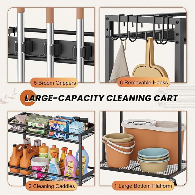 Broom Holder with Cleaning Supplies Organizer, Broom Closet Storage Cabinet with Mop Hanger Gripper Rack Hooks, Cleaning Housekeeping Janitorial Cart with Cleaning Caddy, Laundry Room Organization - NeatNest