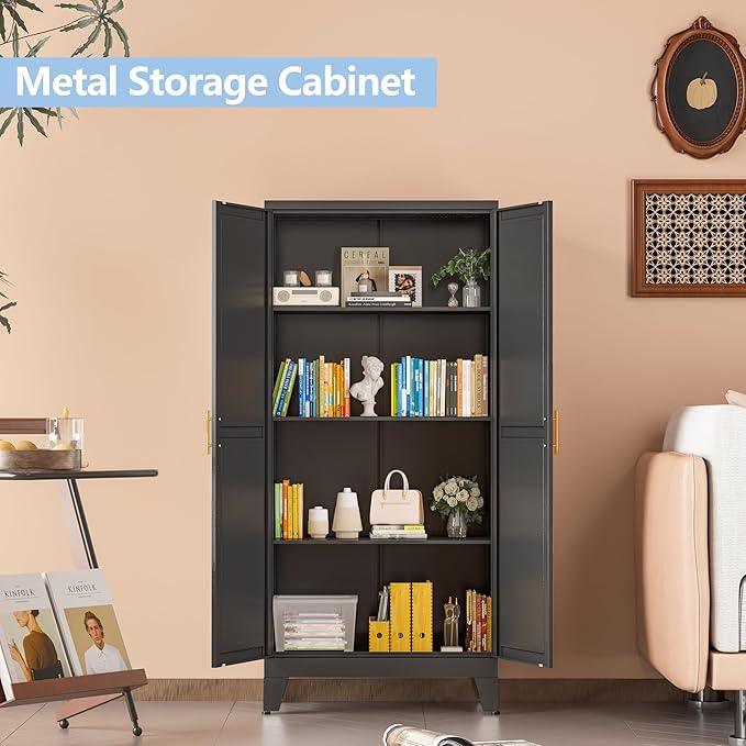 Black Metal Storage Cabinet, 48" Steel Cabinets for Home Office, Kitchen Pantry Storage Cabinet with Doors and 3 Adjustable Shelves, for Office, Home, Garage, School - NeatNest