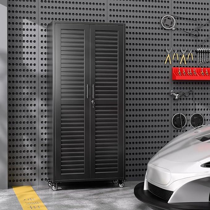 SUXXAN Garage Storage Cabinet with Wheels Pegboard and 5 Adjustable Shelves, 71"x 31.5"x15.8" Metal Lockable Cabinet with Louvered Doors, Tool Storage, Home Office Garage, Gym, School (Black) - NeatNest