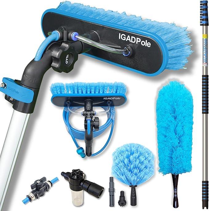 IGADPole 20 FT Water-Fed Cleaning Kit – Extendable Telescopic Pole with Soap-Dispenser, Brush & Cobweb Duster, Adjustable 5-20 FT Handle for Safe High Window, Gutter, Solar Panel & Exterior Cleaning - NeatNest