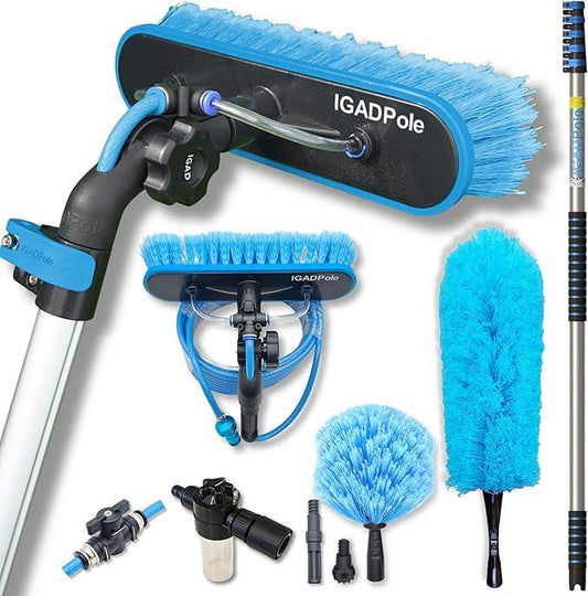 IGADPole 20 FT Water-Fed Cleaning Kit – Extendable Telescopic Pole with Soap-Dispenser, Brush & Cobweb Duster, Adjustable 5-20 FT Handle for Safe High Window, Gutter, Solar Panel & Exterior Cleaning - NeatNest