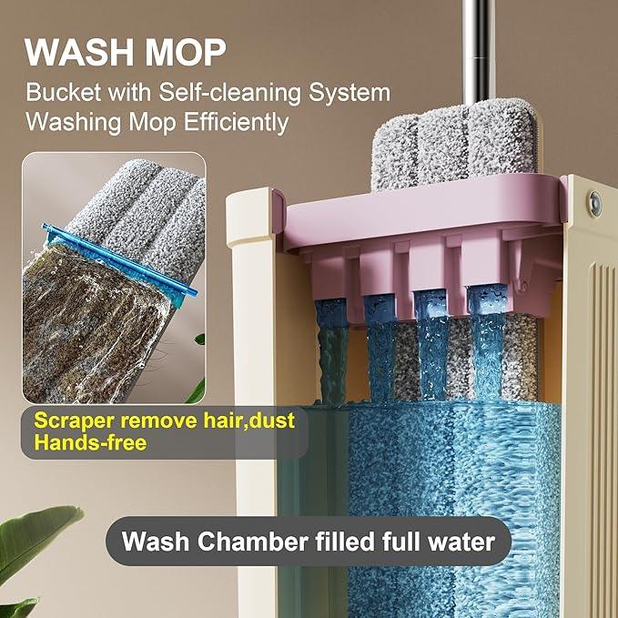 JOYMOOP Mop and Bucket Set (Beige & Blush Brown) with Extension Handle, Ideal for Floor, Window, and Wall Cleaning - Includes 3 Washable Microfiber Pads for Wet and Dry Use - NeatNest