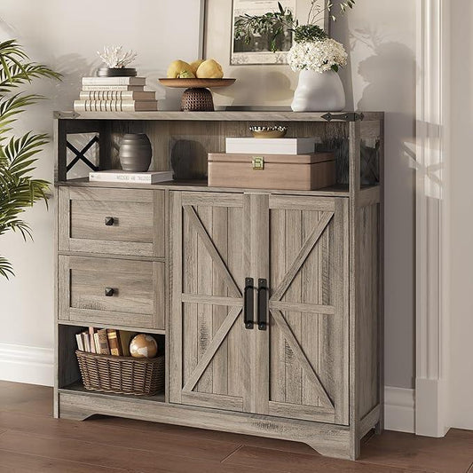 Fameill Farmhouse Storage Cabinet with Drawers and Open Storage,Freestanding Kitchen Pantry with 2 Barn Doors, Floor Cabinet with Adjustable Shelf for Living Room,Grey - NeatNest