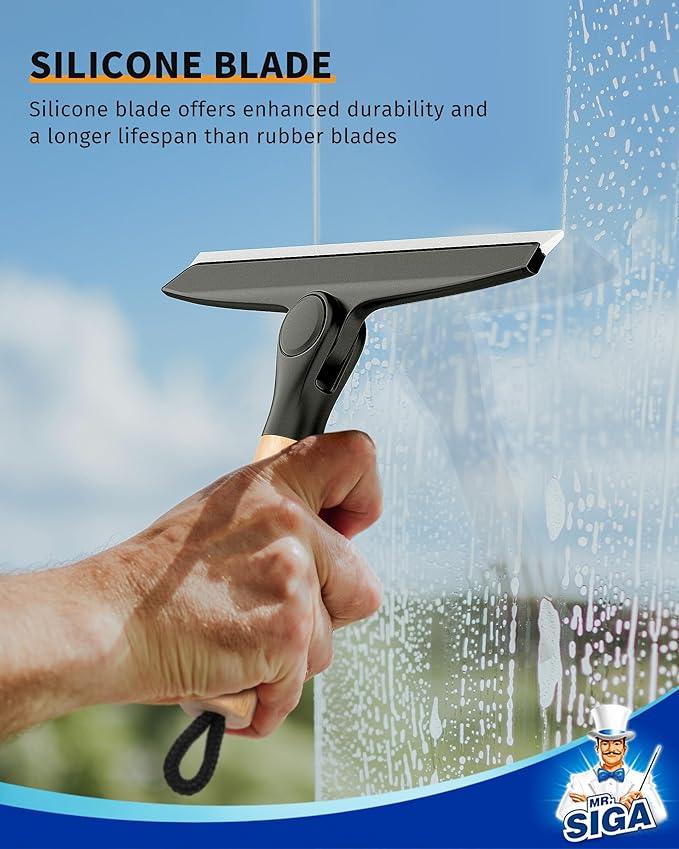 MR.SIGA All Purpose Silicone Squeegee for Shower Door, Mirror, Glass, Streak Free Shower Squeegee, Pivoting Bamboo Handle, Includes 1 Suction Hook, 10 inch Wide, Black, 1 Pack - NeatNest
