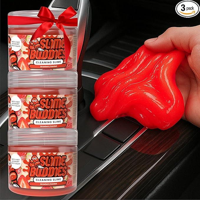 Slime Buddies Car Cleaning Gel Putty - 3 Pack Strawberry Scent Interior Detailing Tool for Cup Holder, Air Vent & Keyboard - Reusable Auto Detailing Accessory - Dust Remover Goop - Gift for Men Women - NeatNest