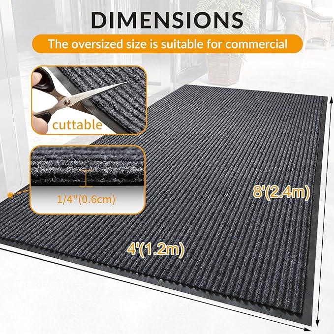 LVETOLS 4' x 8' Moisture Guard Doormat, Commercial Grade Door Floor Mat Striped Brush Step Entrance Mat with Rubber Backing, Low Profile Commercial Rugs for Entryway, Easy to Clean(Charcoal Grey) - NeatNest